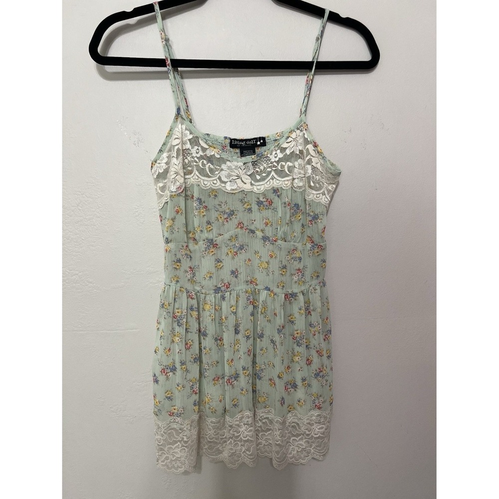 Living Doll Los Angeles Floral Lace Trim Camisole Top Sage Green Smocked Small